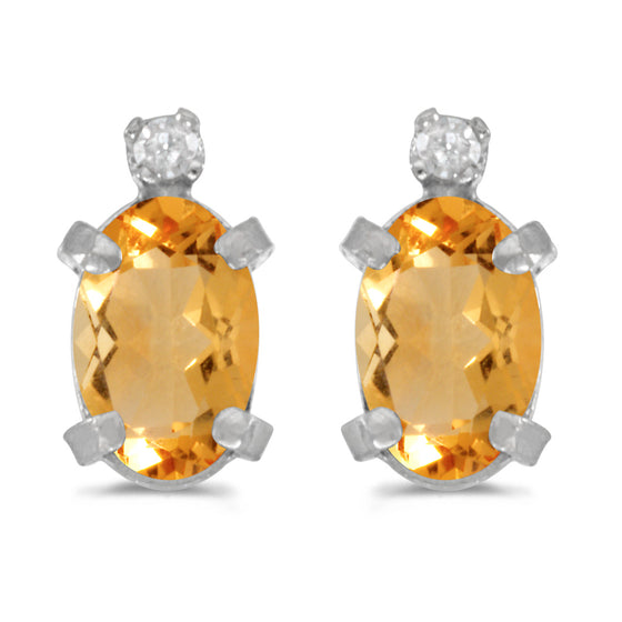14k White Gold Oval Citrine And Diamond Earrings