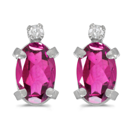 14k White Gold Oval Pink Topaz And Diamond Earrings
