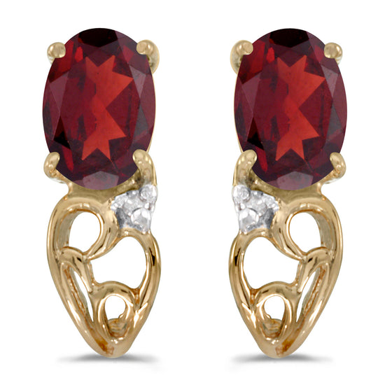 14k Yellow Gold Oval Garnet And Diamond Earrings