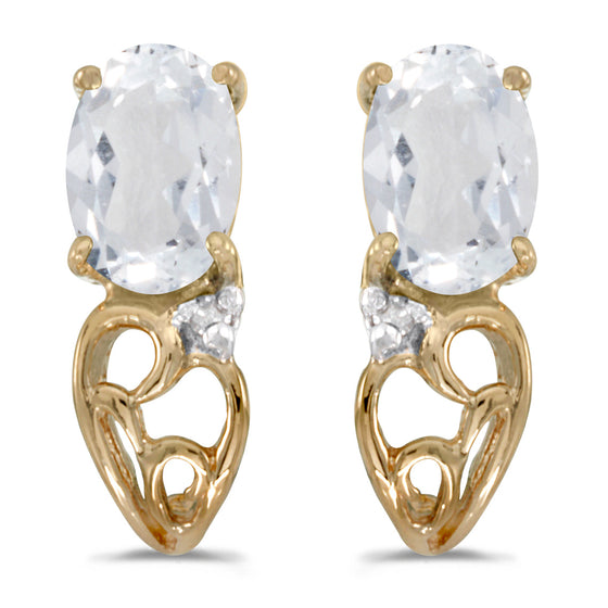 14k Yellow Gold Oval White Topaz And Diamond Earrings