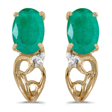  14k Yellow Gold Oval Emerald And Diamond Earrings