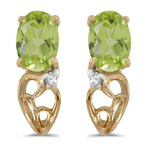 14k Yellow Gold Oval Peridot And Diamond Earrings