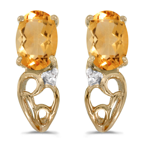 14k Yellow Gold Oval Citrine And Diamond Earrings