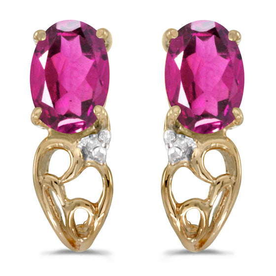 14k Yellow Gold Oval Pink Topaz And Diamond Earrings
