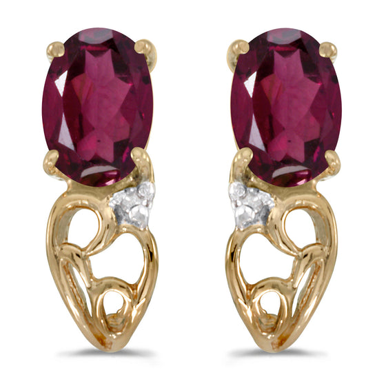 14k Yellow Gold Oval Rhodolite Garnet And Diamond Earrings