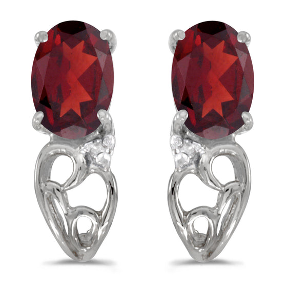 14k White Gold Oval Garnet And Diamond Earrings