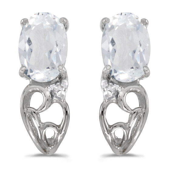 14k White Gold Oval White Topaz And Diamond Earrings