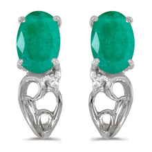  14k White Gold Oval Emerald And Diamond Earrings