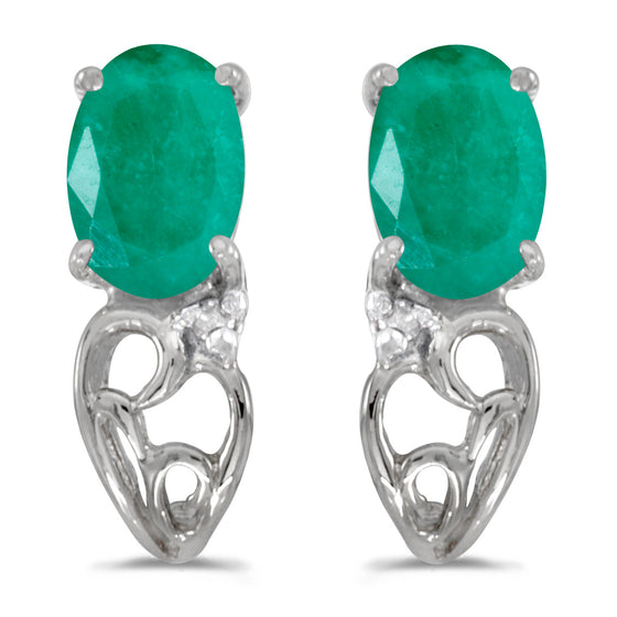 14k White Gold Oval Emerald And Diamond Earrings