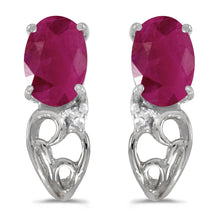  14k White Gold Oval Ruby And Diamond Earrings
