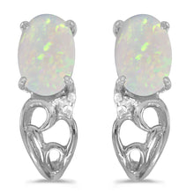  14k White Gold Oval Opal And Diamond Earrings