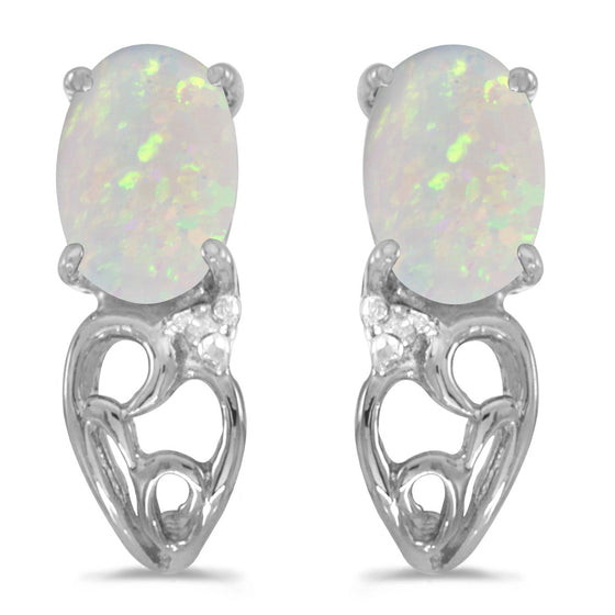 14k White Gold Oval Opal And Diamond Earrings
