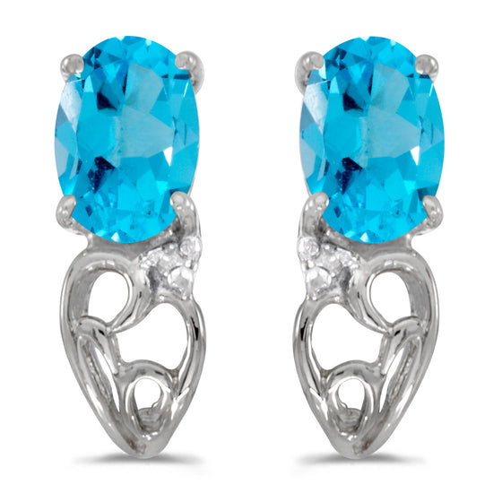 14k White Gold Oval Blue Topaz And Diamond Earrings