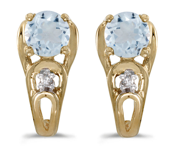 14k Yellow Gold Round Aquamarine And Diamond Earrings