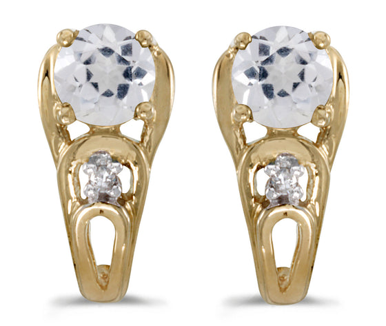 14k Yellow Gold Round White Topaz And Diamond Earrings
