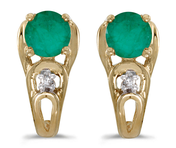 14k Yellow Gold Round Emerald And Diamond Earrings