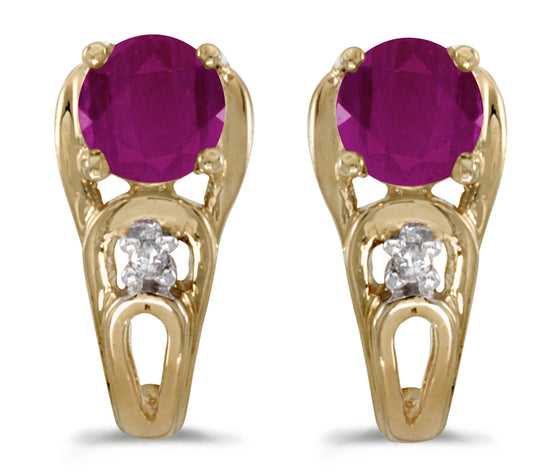 14k Yellow Gold Round Ruby And Diamond Earrings