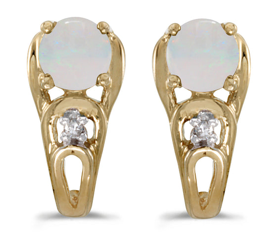 14k Yellow Gold Round Opal And Diamond Earrings