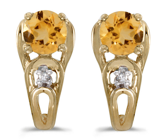14k Yellow Gold Round Citrine And Diamond Earrings
