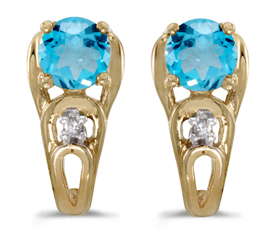 14k Yellow Gold Round Blue Topaz And Diamond Earrings