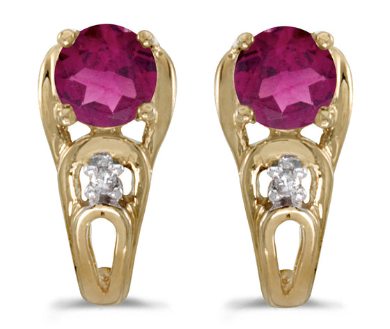 14k Yellow Gold Round Rhodolite Garnet And Diamond Earrings
