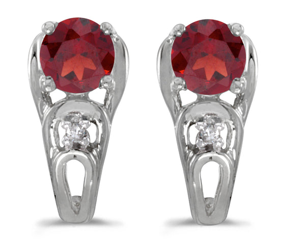 14k White Gold Round Garnet And Diamond Earrings