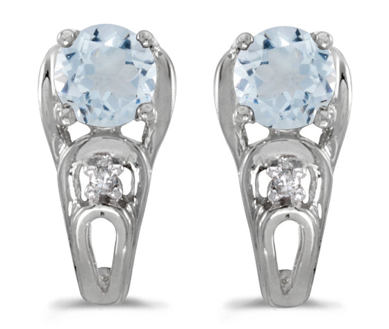 14k White Gold Round Aquamarine And Diamond Earrings