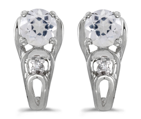 14k White Gold Round White Topaz And Diamond Earrings