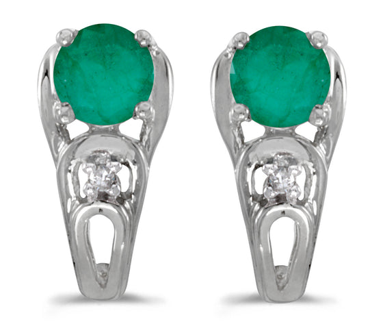 14k White Gold Round Emerald And Diamond Earrings