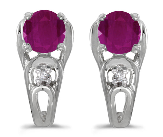 14k White Gold Round Ruby And Diamond Earrings