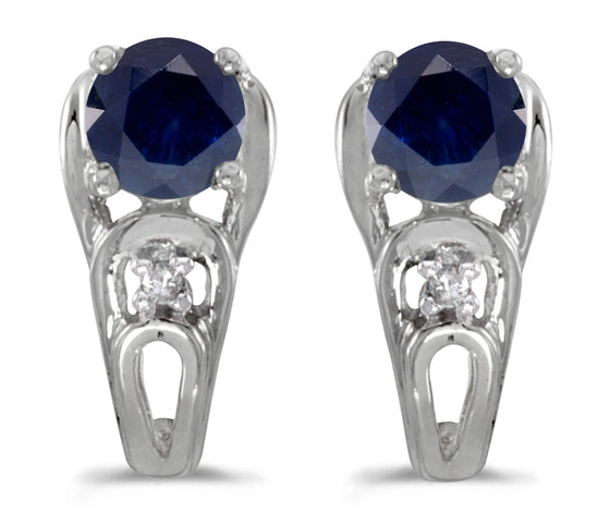 14k White Gold Round Sapphire And Diamond Earrings