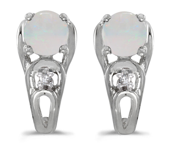 14k White Gold Round Opal And Diamond Earrings