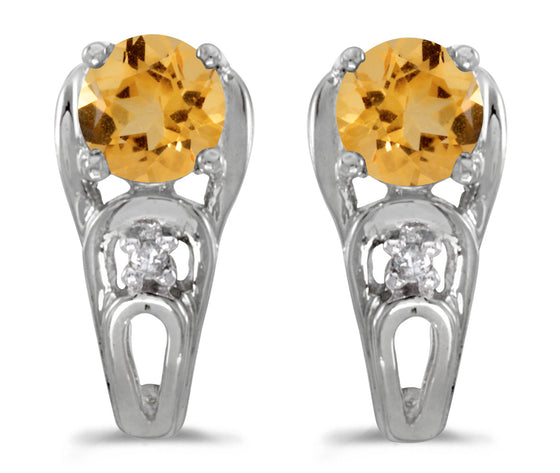 14k White Gold Round Citrine And Diamond Earrings