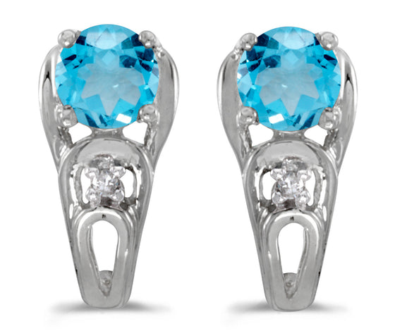 14k White Gold Round Blue Topaz And Diamond Earrings