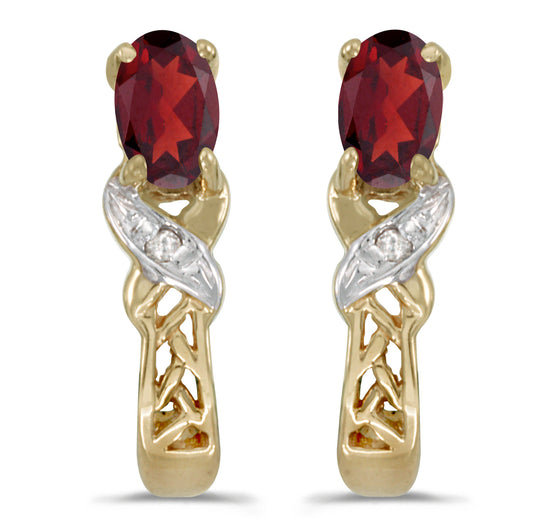 14k Yellow Gold Oval Garnet And Diamond Earrings