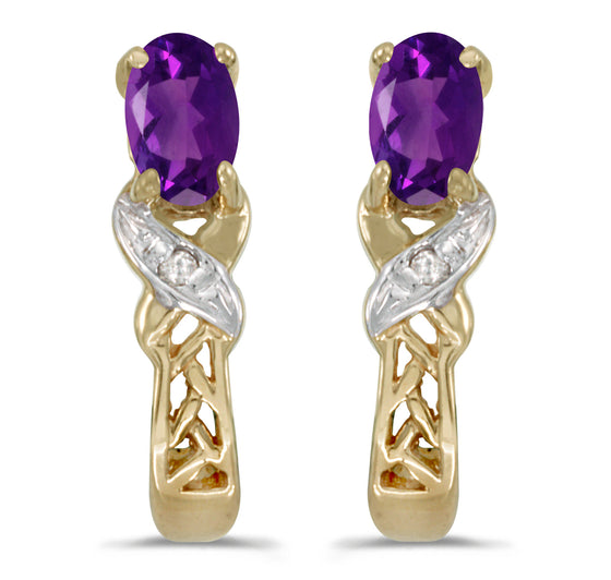 14k Yellow Gold Oval Amethyst And Diamond Earrings