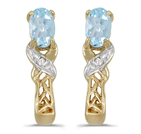 14k Yellow Gold Oval Aquamarine And Diamond Earrings