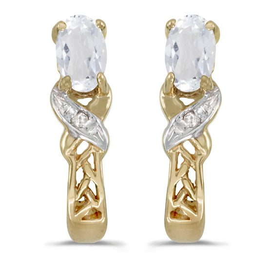 14k Yellow Gold Oval White Topaz And Diamond Earrings