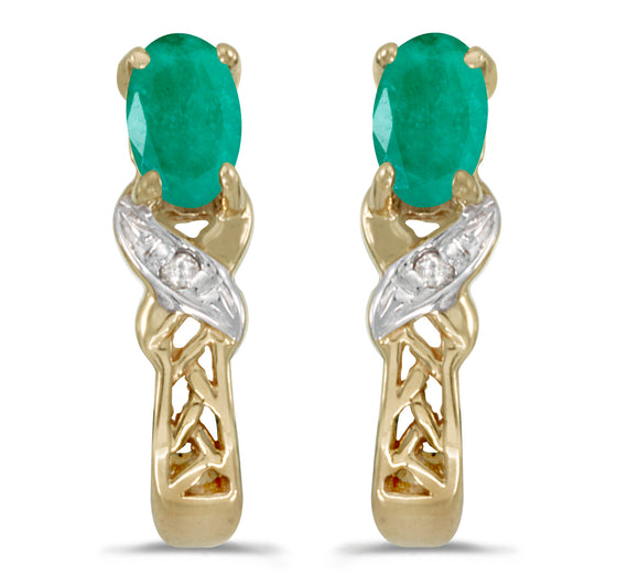 14k Yellow Gold Oval Emerald And Diamond Earrings