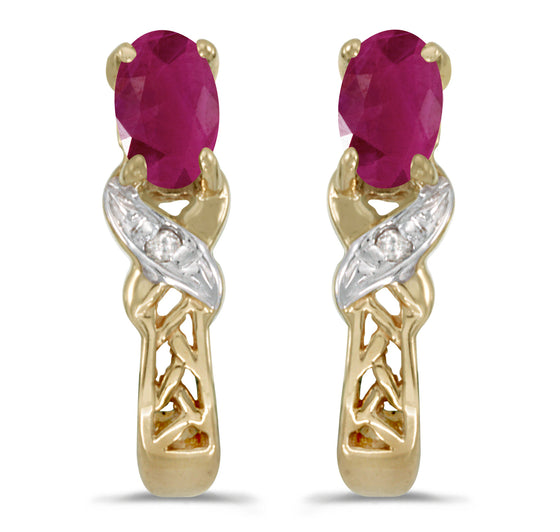 14k Yellow Gold Oval Ruby And Diamond Earrings