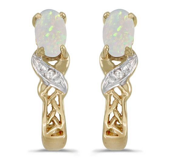 14k Yellow Gold Oval Opal And Diamond Earrings