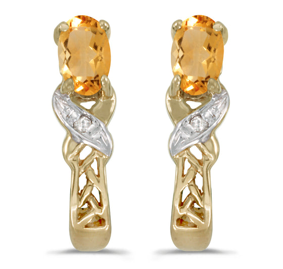 14k Yellow Gold Oval Citrine And Diamond Earrings