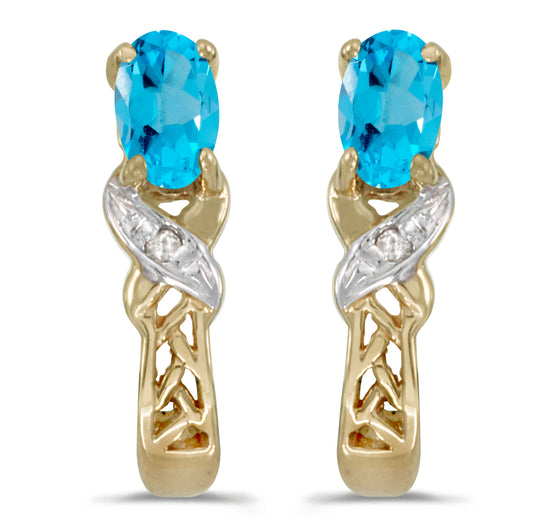 14k Yellow Gold Oval Blue Topaz And Diamond Earrings