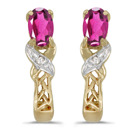 14k Yellow Gold Oval Pink Topaz And Diamond Earrings