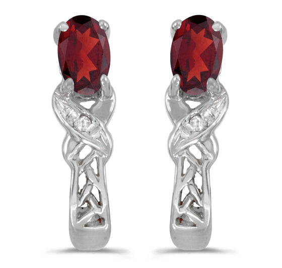 14k White Gold Oval Garnet And Diamond Earrings