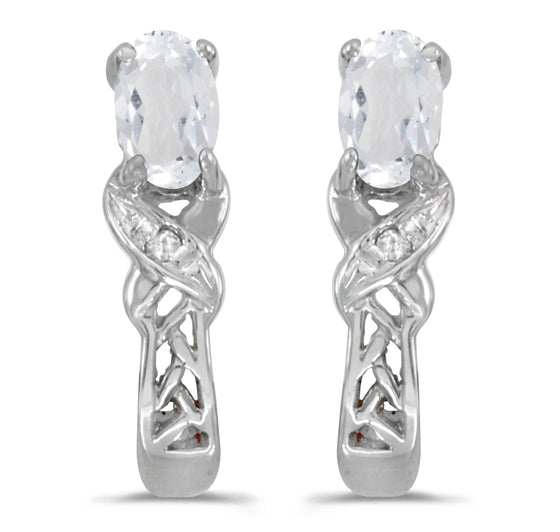 14k White Gold Oval White Topaz And Diamond Earrings