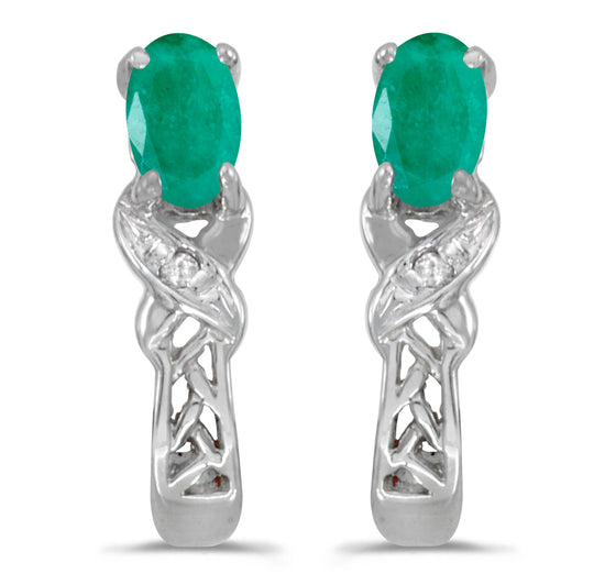 14k White Gold Oval Emerald And Diamond Earrings
