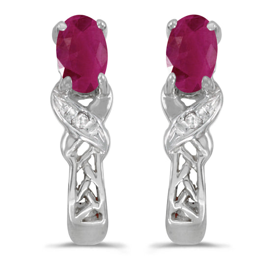 14k White Gold Oval Ruby And Diamond Earrings