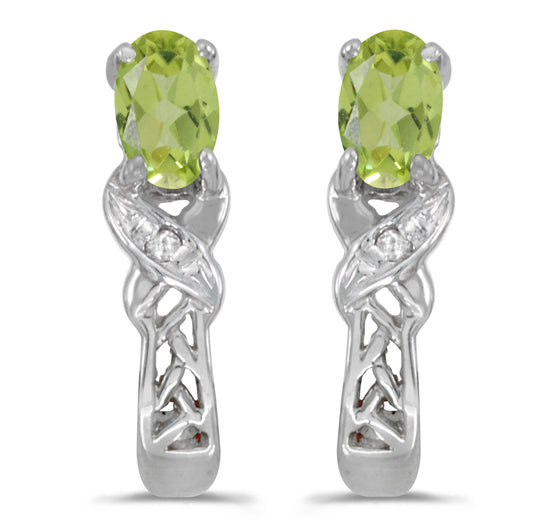 14k White Gold Oval Peridot And Diamond Earrings