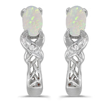  14k White Gold Oval Opal And Diamond Earrings